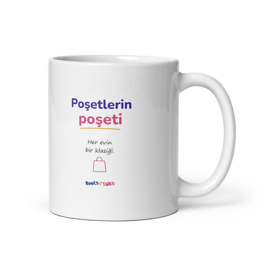 Poşetlerin Poşeti Mug, 11 oz, Roots & Talks - white glossy ceramic mug mockup