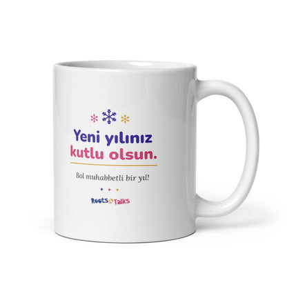 Yeni Yılınız Kutlu Olsun Mug, 11 oz, Roots & Talks - white glossy ceramic mug mockup