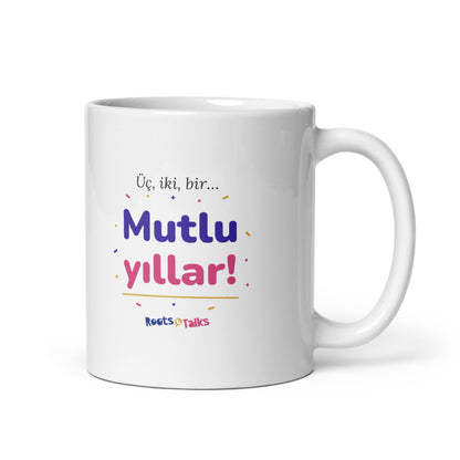 Üç, İki, Bir, Mutlu Yıllar Mug, 11 oz, Roots & Talks - white glossy ceramic mug mockup
