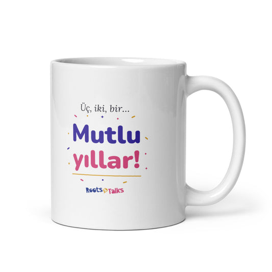 Üç, İki, Bir, Mutlu Yıllar Mug, 11 oz, Roots & Talks - white glossy ceramic mug mockup
