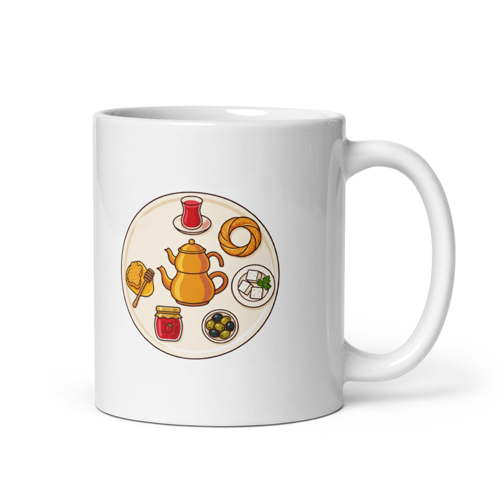 Turkish Breakfast Table Mug, 11 oz, Roots & Talks - white glossy ceramic mug mockup