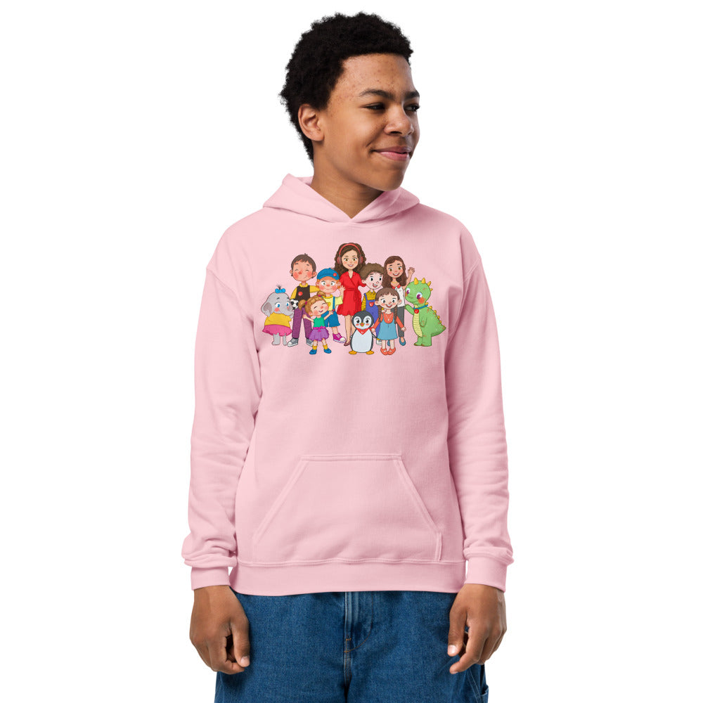 All the Characters Together Kids' Heavy Blend Hoodie (Youth Sizes), Roots & Talks - Light Pink