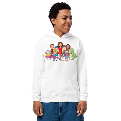 All the Characters Together Kids' Heavy Blend Hoodie (Youth Sizes), Roots & Talks - White