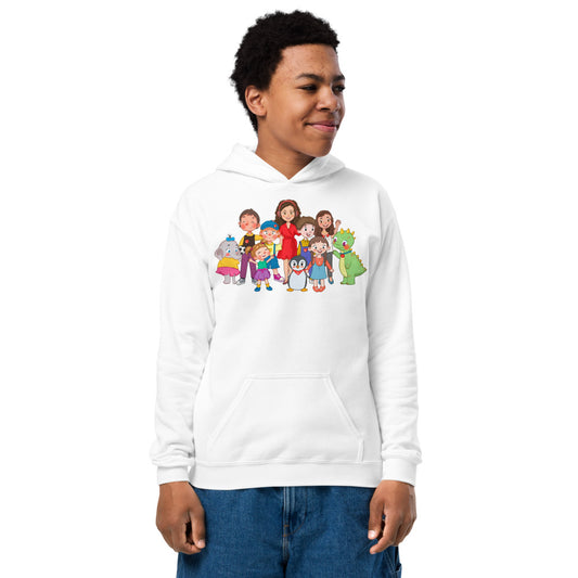 All the Characters Together Kids' Heavy Blend Hoodie (Youth Sizes), Roots & Talks - White