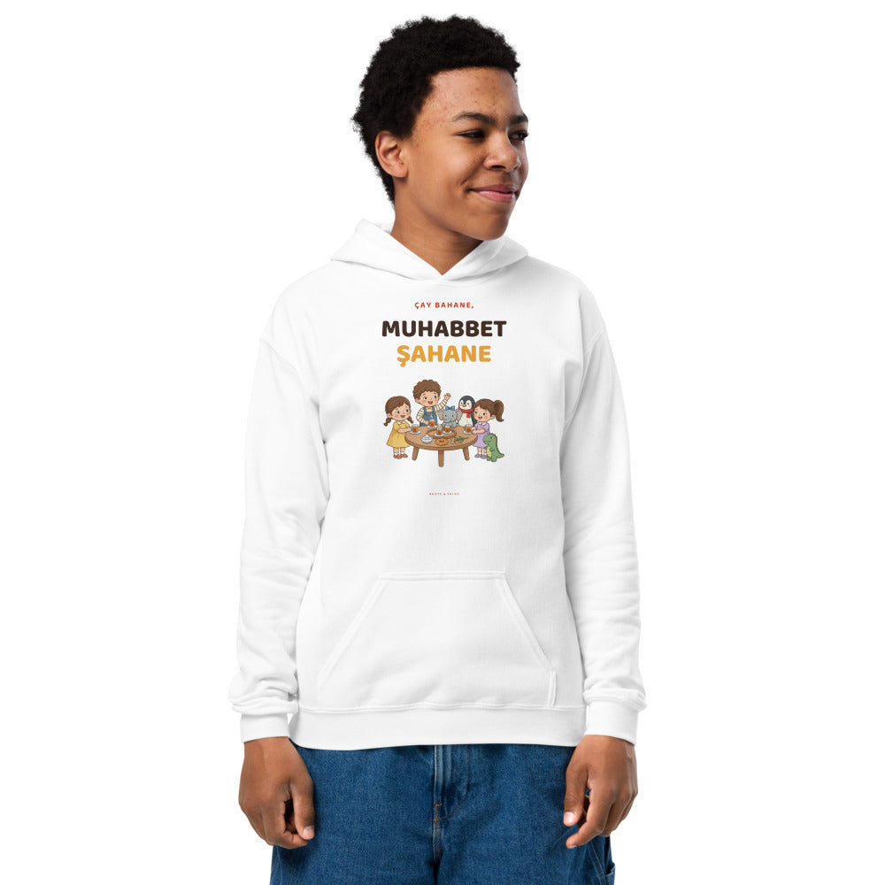 Çay Bahane, Muhabbet Şahane Kids' Heavy Blend Hoodie (Youth Sizes), Roots & Talks - White