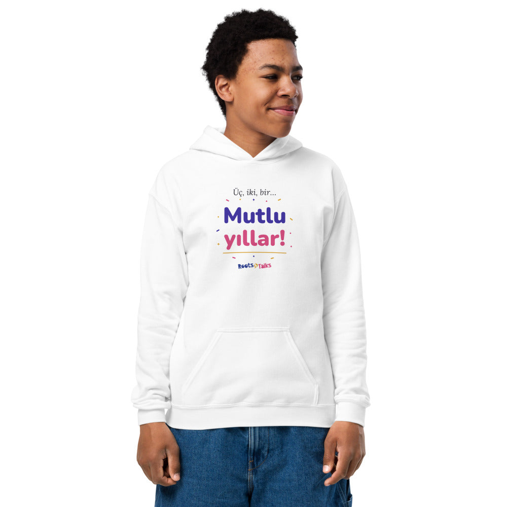 Üç, İki, Bir, Mutlu Yıllar Kids' Heavy Blend Hoodie (Youth Sizes), Roots & Talks - White