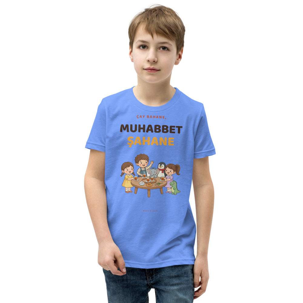 Çay Bahane, Muhabbet Şahane Kids' T-Shirt (Youth Sizes), Roots & Talks - Heather Columbia Blue
